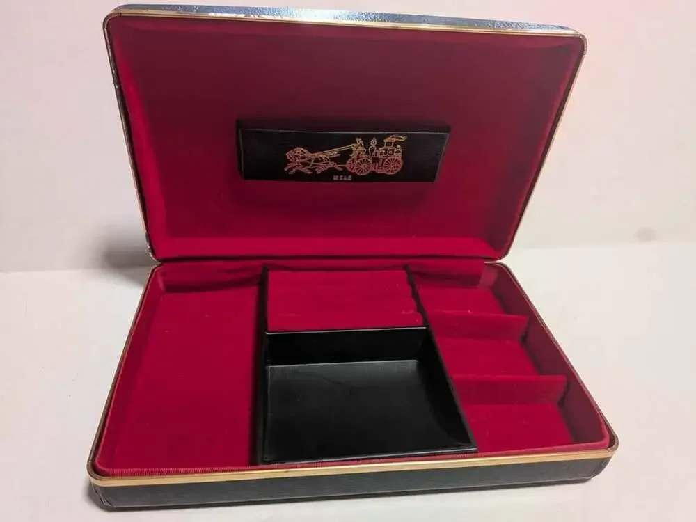 Vintage Mid-Century Mele Jewelry Box Black Faux Leather Red Velvet Horse Carriag